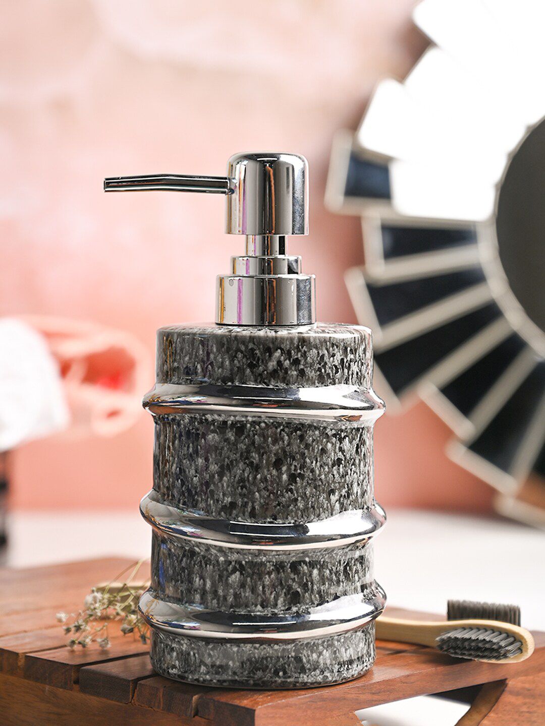 MARKET99 Grey & Silver Toned Textured Ceramic Soap Dispenser - 350 ML
