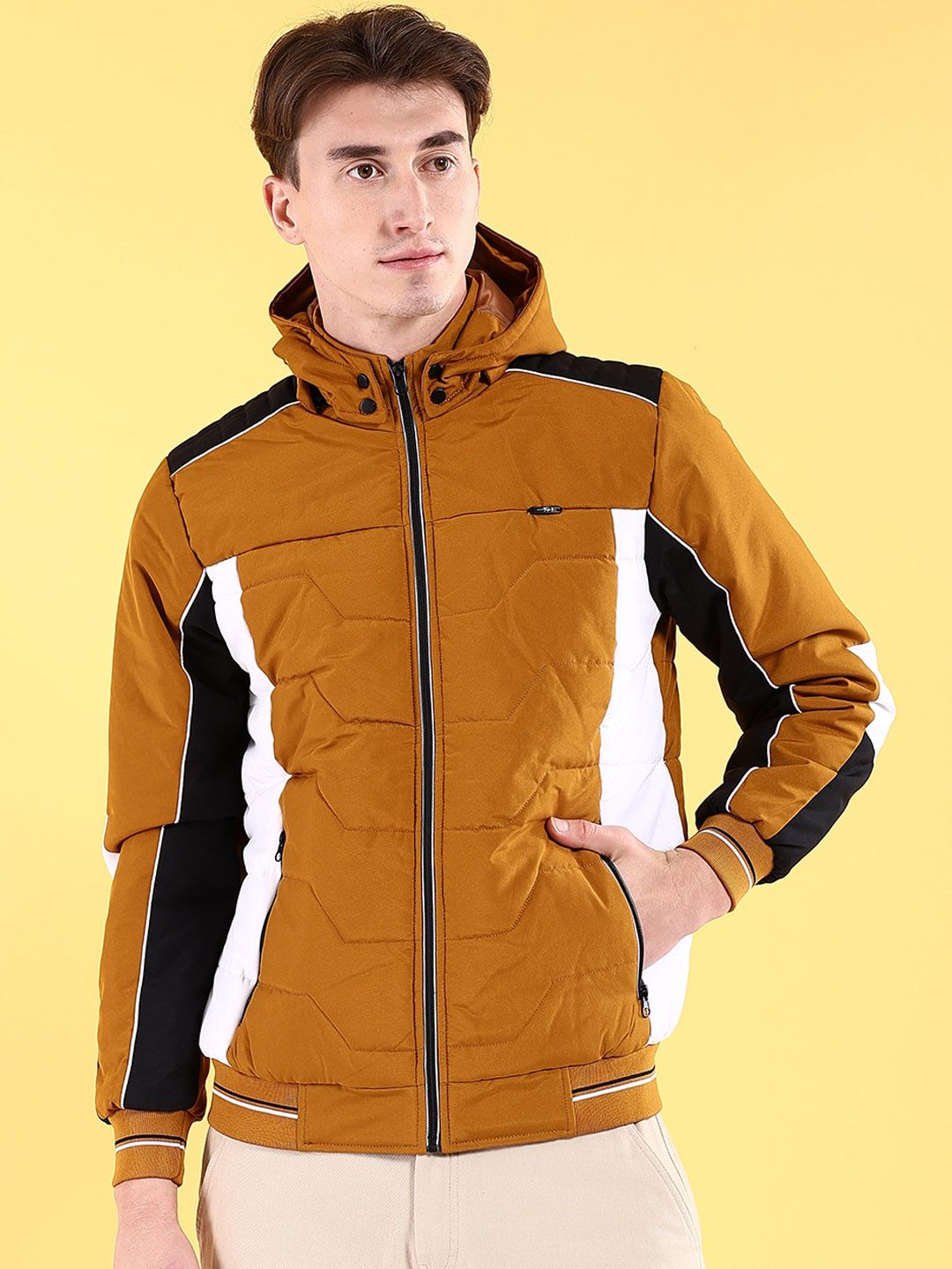 The Indian Garage Co Yellow Colourblocked Hooded Padded Jacket