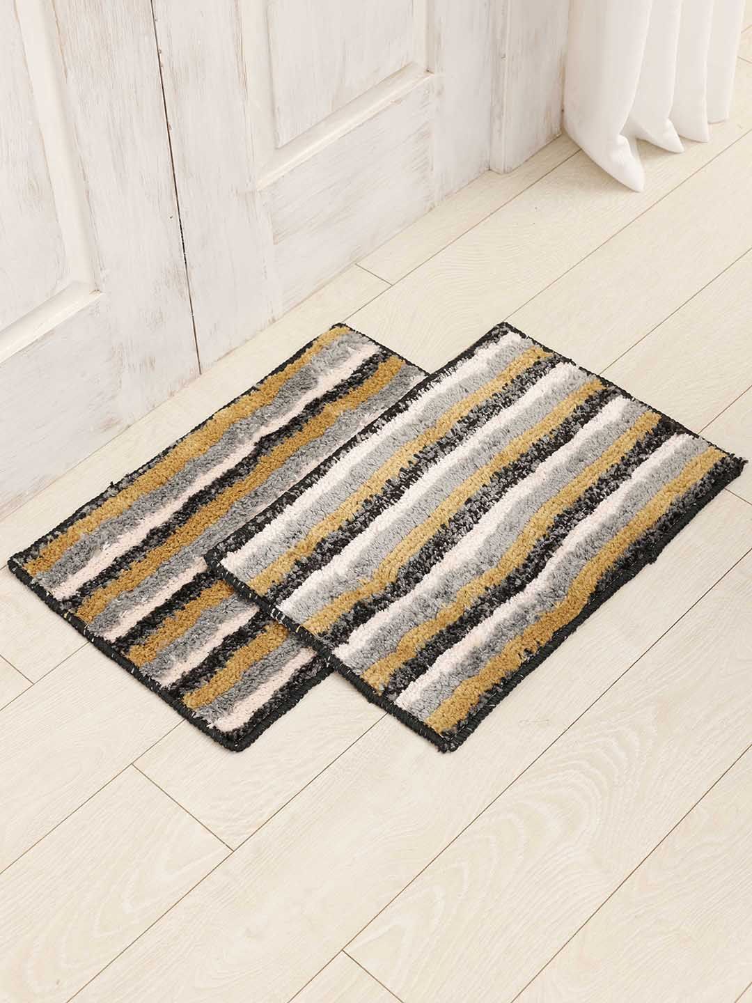 Ariana Orange-color & Grey 2 Pieces Striped 1600 GSM Microfiber Anti-Skid Bath Rugs