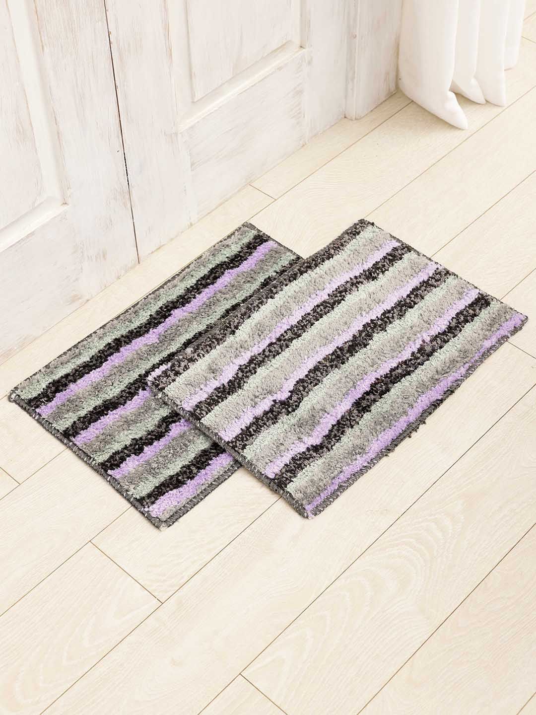 Ariana Purple & Green 2 Pieces Striped 1600 GSM Microfiber Anti-Skid Bath Mat