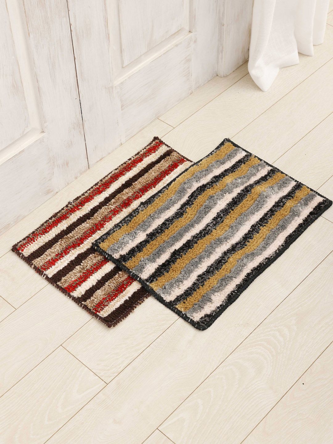 Ariana Brown & Grey 2 Pieces Striped 1600 GSM Anti-Skid Microfiber Anti-Skid Bath Mats