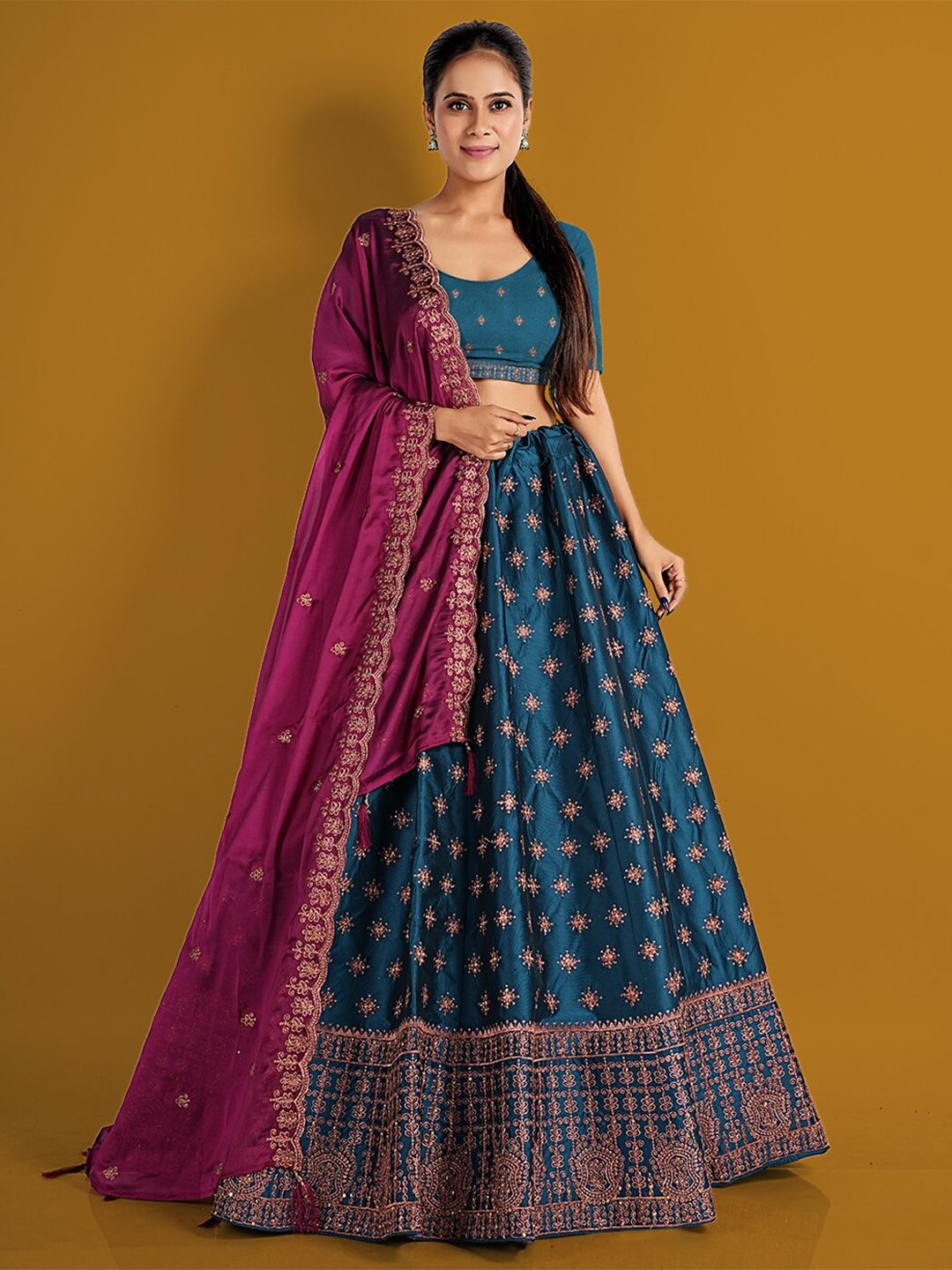 HALFSAREE STUDIO Teal & Burgundy Embroidered Thread Work Semi-Stitched Lehenga & Unstitched Blouse With Price in India