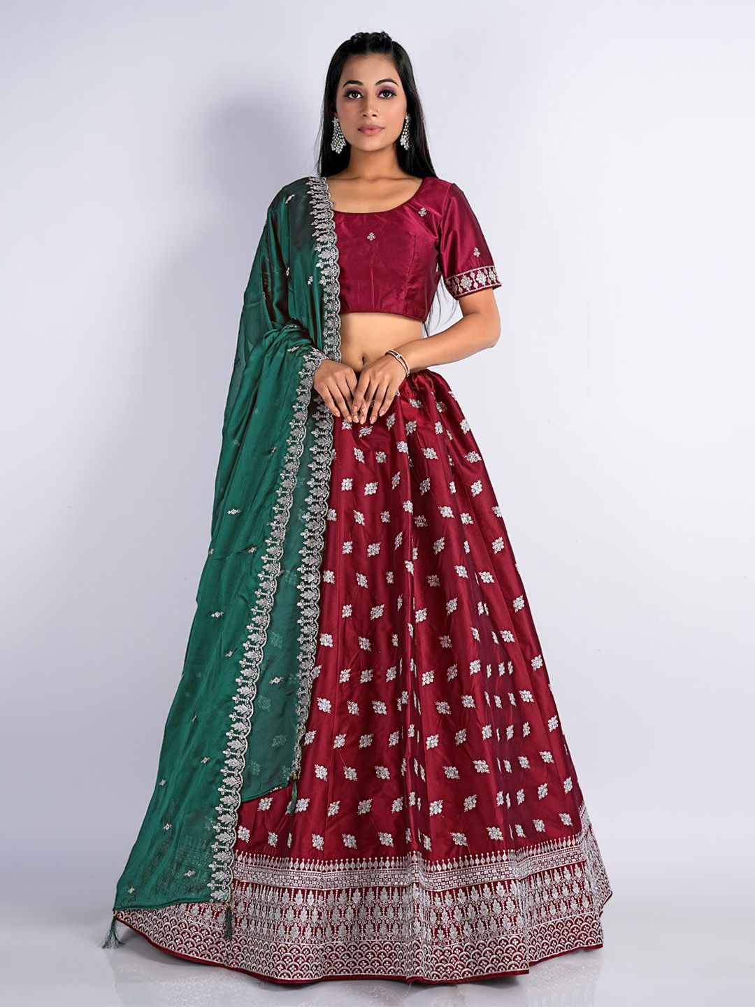 HALFSAREE STUDIO Maroon & Green Embroidered Thread Work Semi-Stitched Lehenga & Unstitched Blouse With Price in India