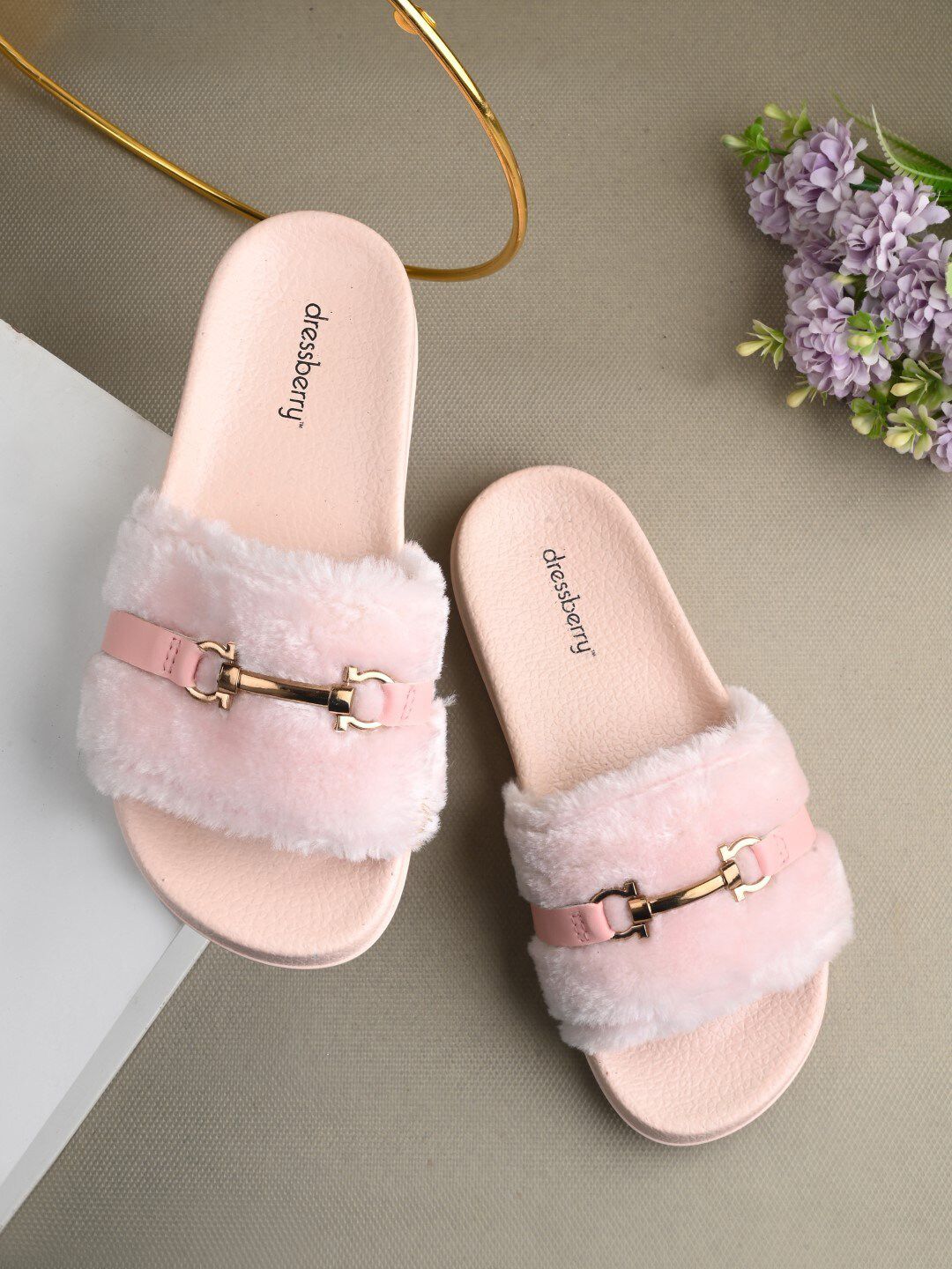 DressBerry Women Pink Embellished Velvet Sliders