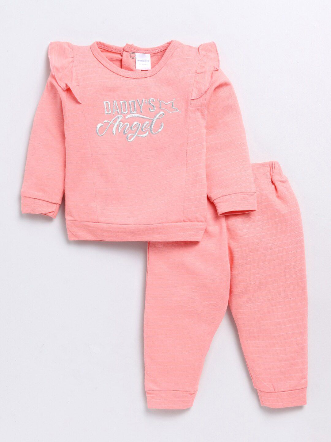 Moms Love Girls Typography Embroidered Long Sleeves Top With Striped Trousers