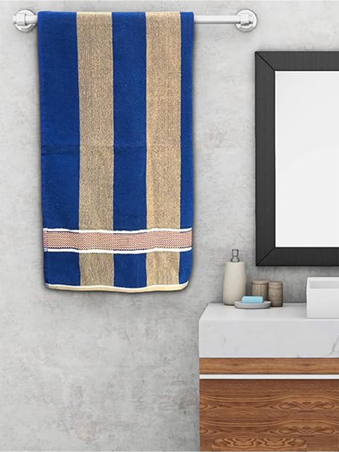 Kuber Industries Blue & Brown Striped 500 GSM Cotton Bath Towel