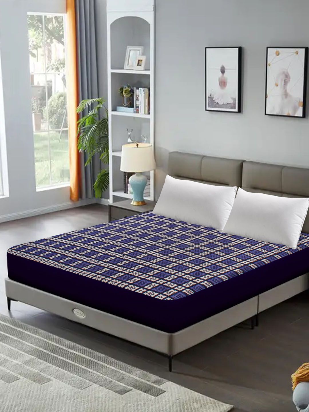 DREAM CARE Purple & White Checked Breathable Mattress Protector