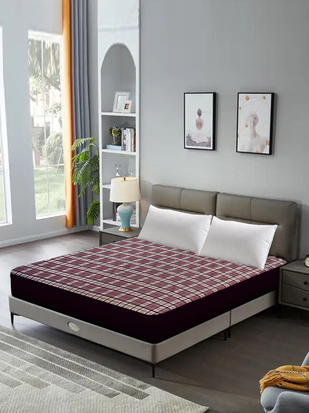 DREAM CARE Maroon Checked Waterproof King Size Mattress Protector