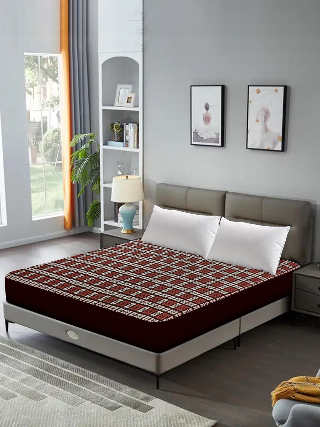 DREAM CARE Maroon & Beige Checked Queen Size Bed Mattress Protector