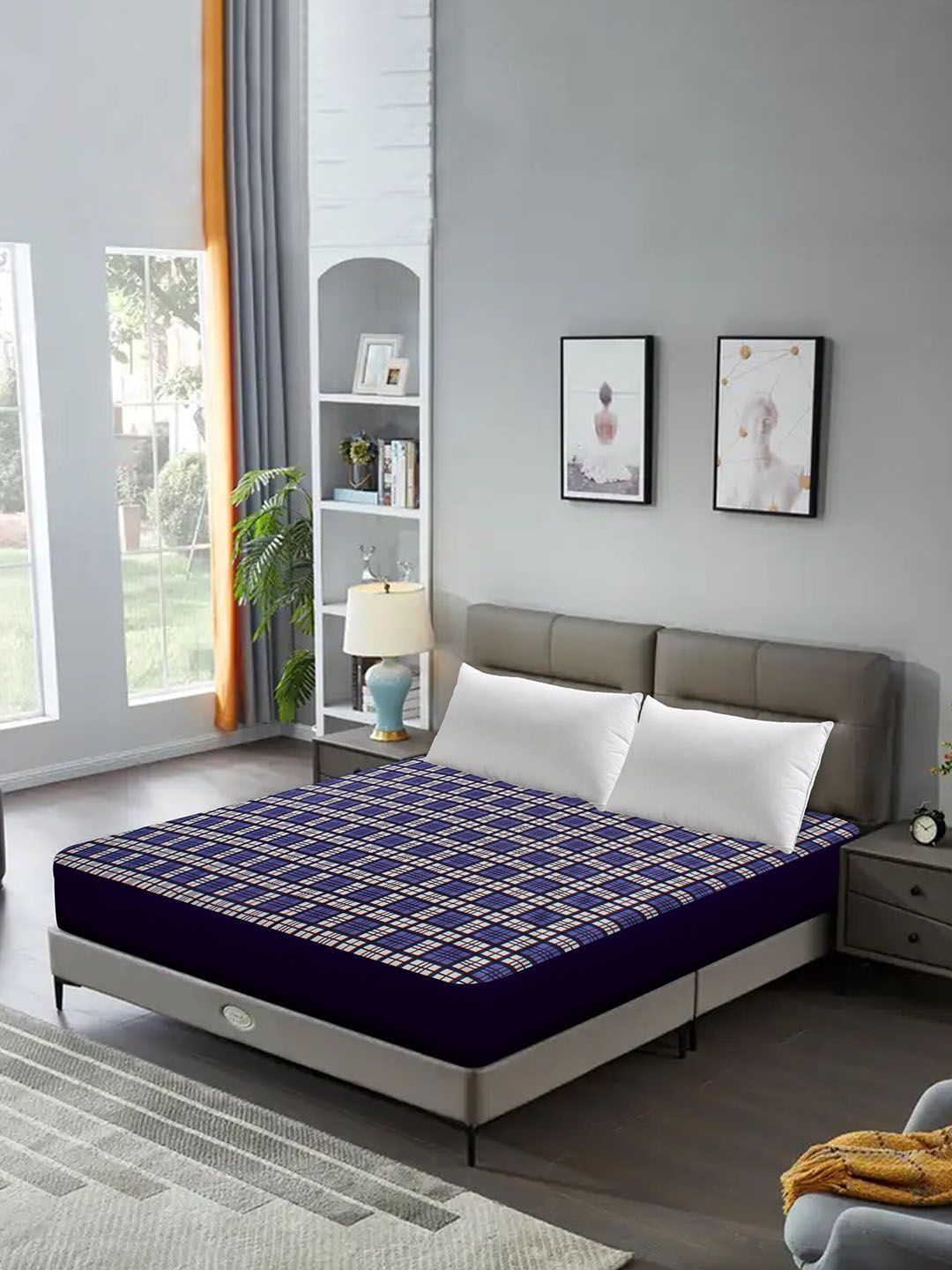 DREAM CARE Blue  & Beige Checked Water Resistant Queen Bed Mattress Protector