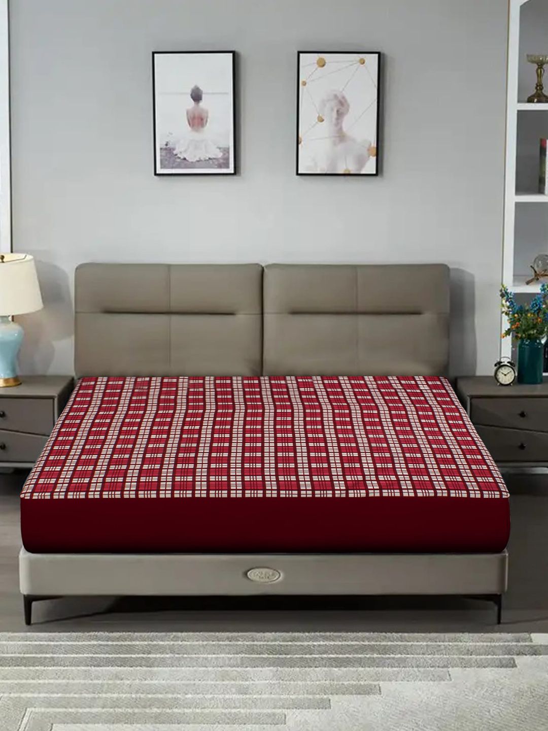 DREAM CARE Maroon & Beige Checked Queen Size Bed Mattress Protector