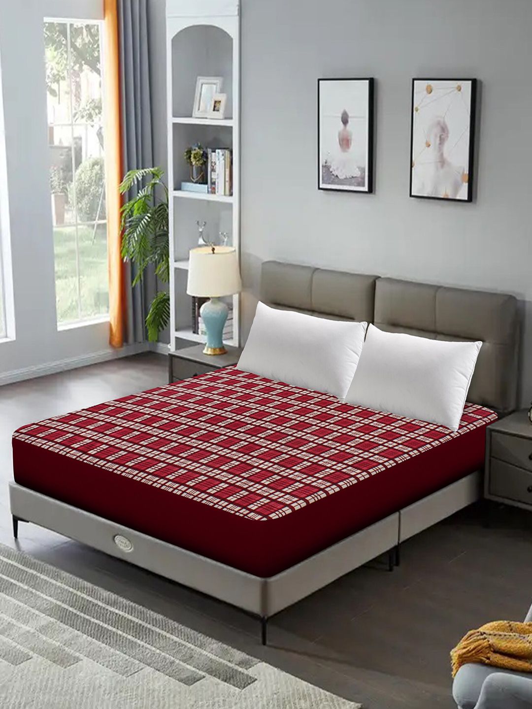 DREAM CARE Maroon & Beige Checked Water Resistant King Bed Mattress Protector