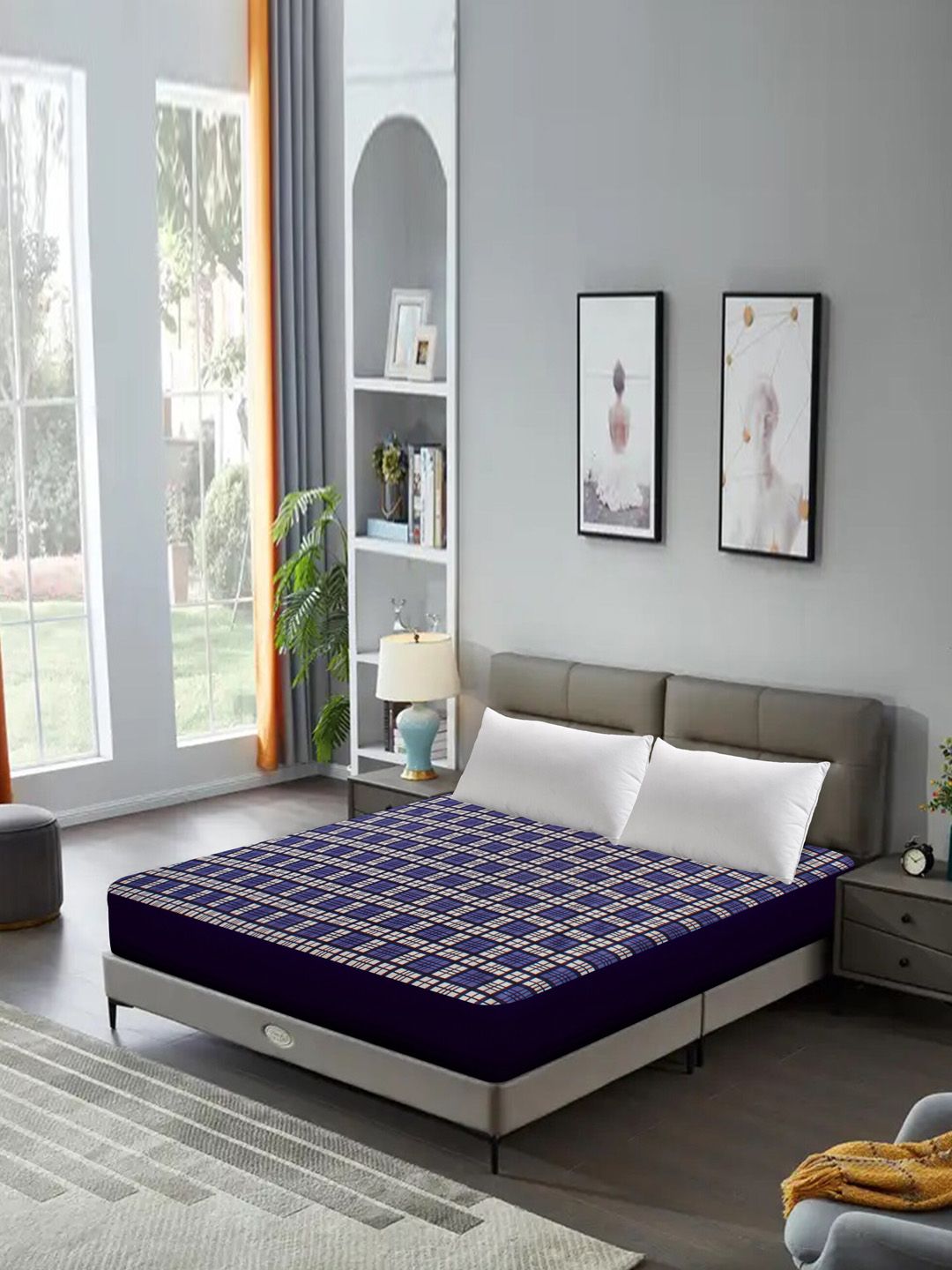 DREAM CARE Blue & White Checked Water Resistant Queen Size Mattress Protector