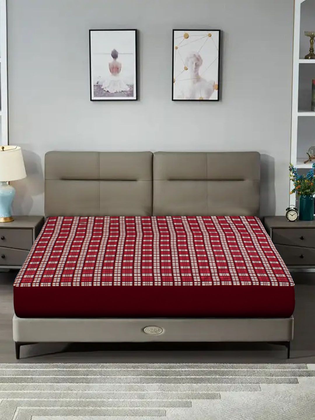 DREAM CARE Red & White Checked Water Resistant Queen Size Mattress Protector