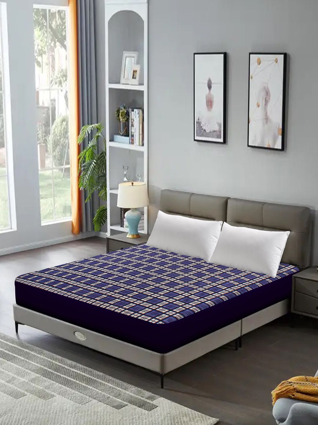 DREAM CARE Blue & White Checked Queen Size Bed Mattress Protector