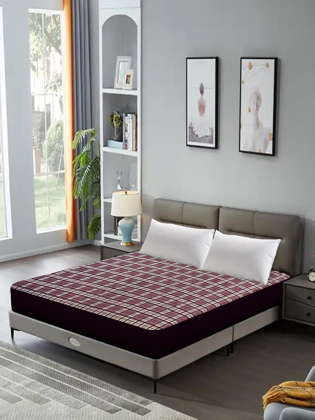 DREAM CARE Maroon & White Geometric Printed Stretchable Single Mattress Protector