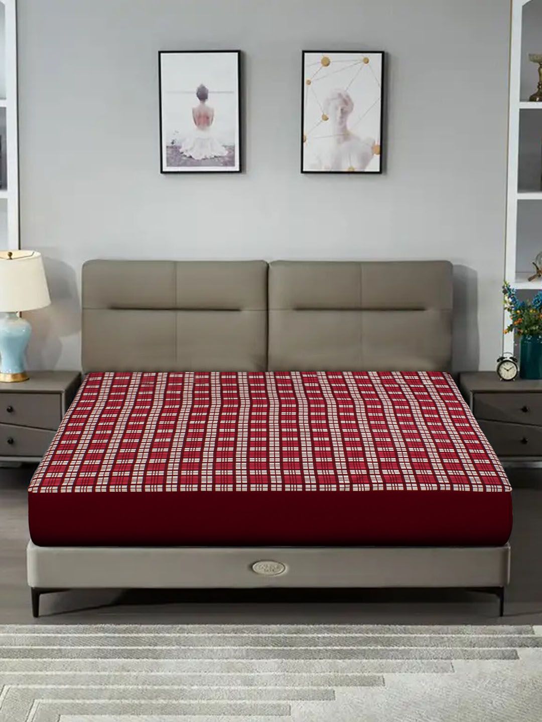 DREAM CARE Red & White Checked Water Resistant Queen Size Mattress Protector
