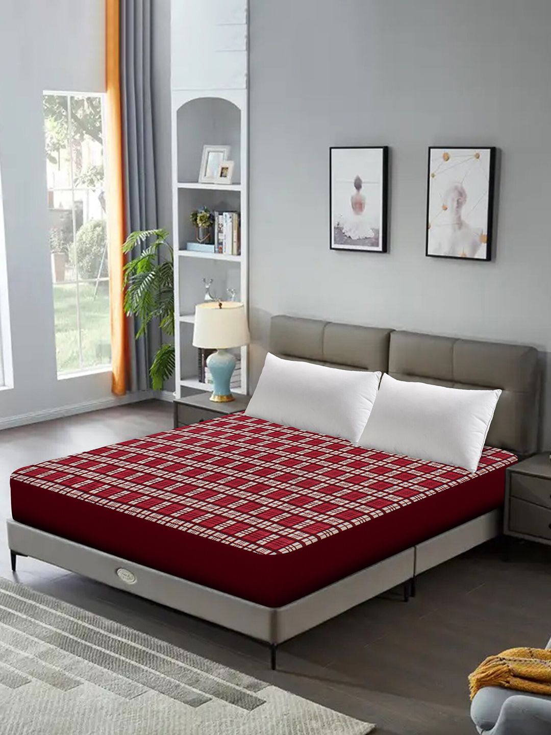 DREAM CARE Red & White Checked Water Resistant King Size Mattress Protector