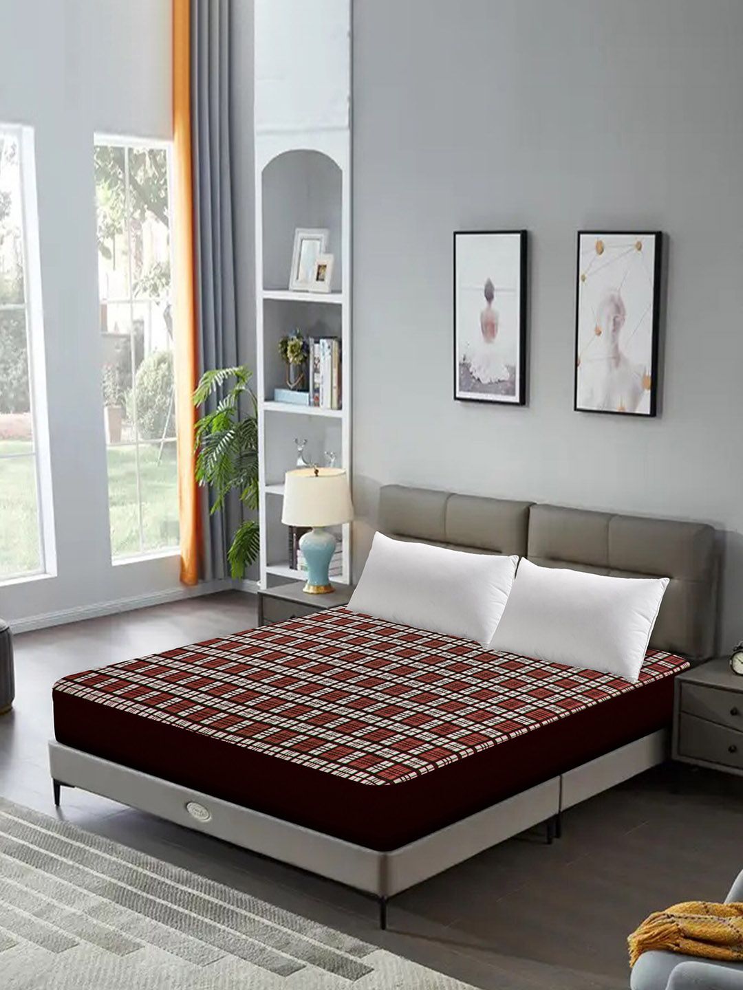 DREAM CARE Rust Brown & White Checked Water Resistant King Size Mattress Protector