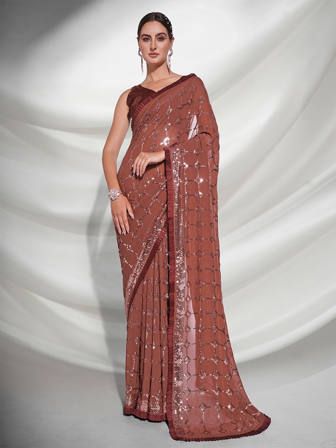 Mitera Brown & Gold Embellished Sequinned Pure Georgette Saree Price in India
