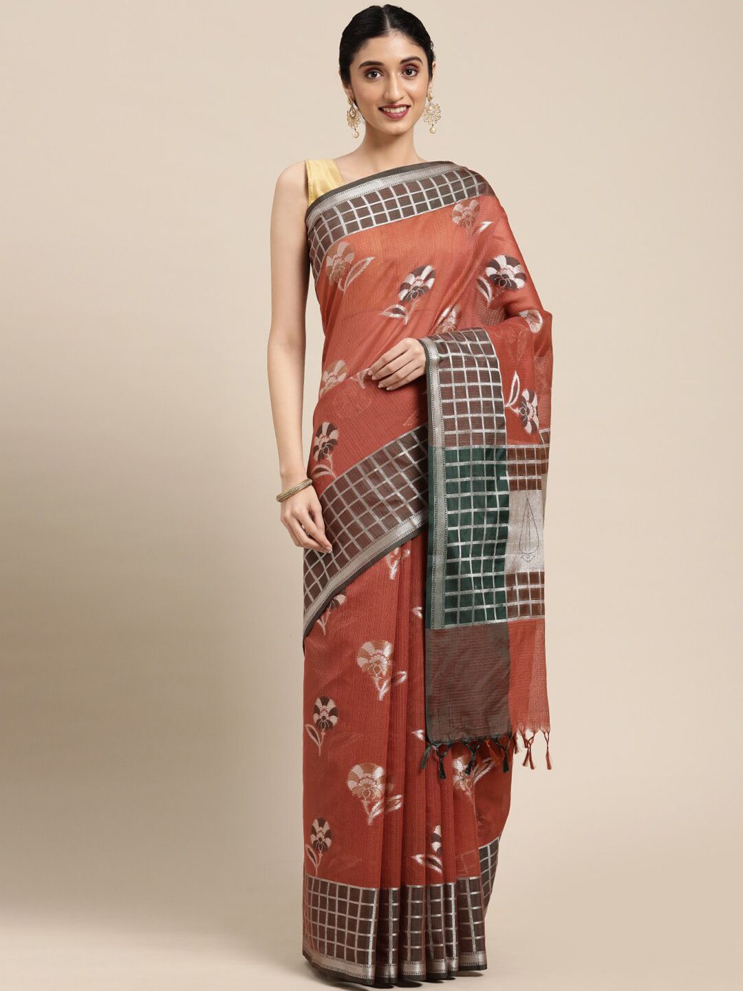 PTIEPL Banarasi Silk Works Brown & Silver-Toned Woven Design Zari Kota Saree Price in India