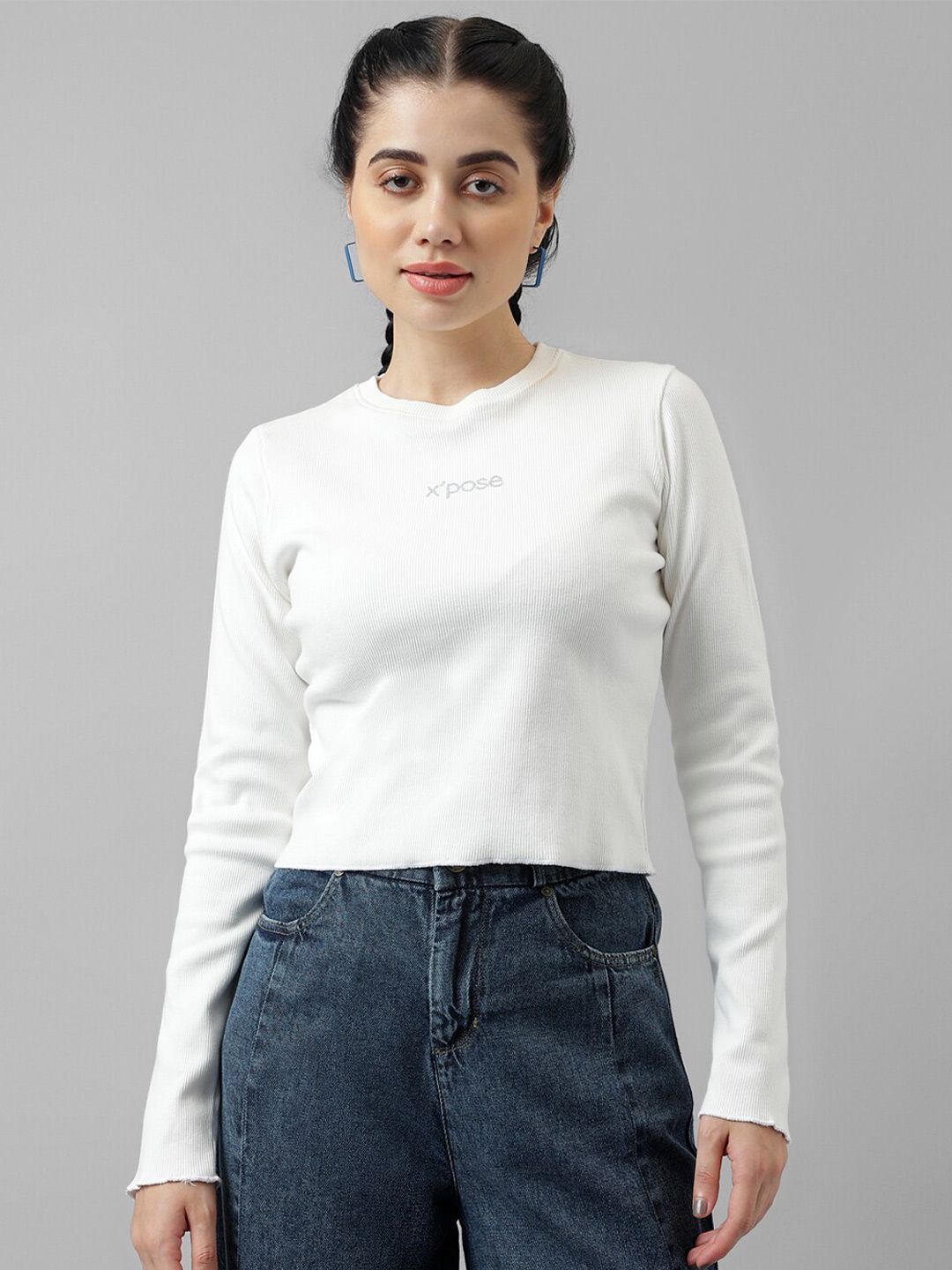 Xpose Long Sleeves Ribbed Cotton Crop Fitted Top Price in India