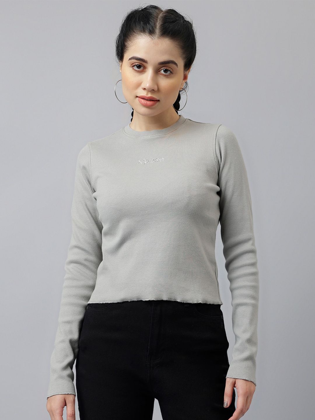 Xpose Long Sleeves Ribbed Cotton Crop Fitted Top Price in India