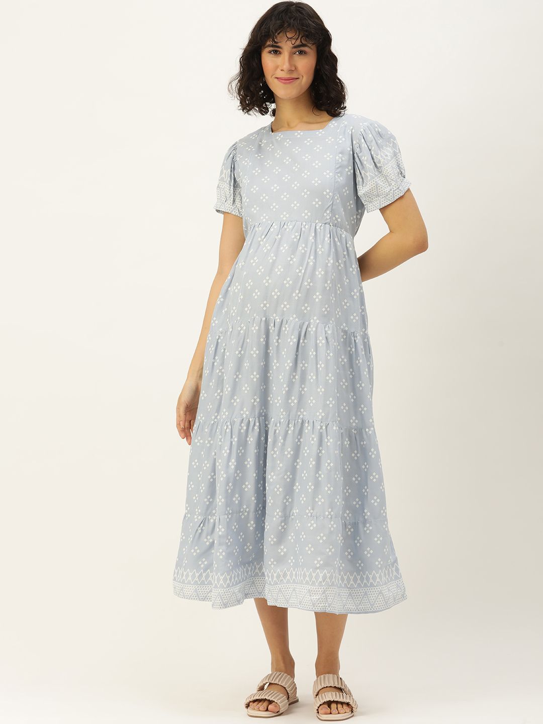 Nejo Geometric Print Puff Sleeves Pure Cotton Maternity A-Line Midi Dress