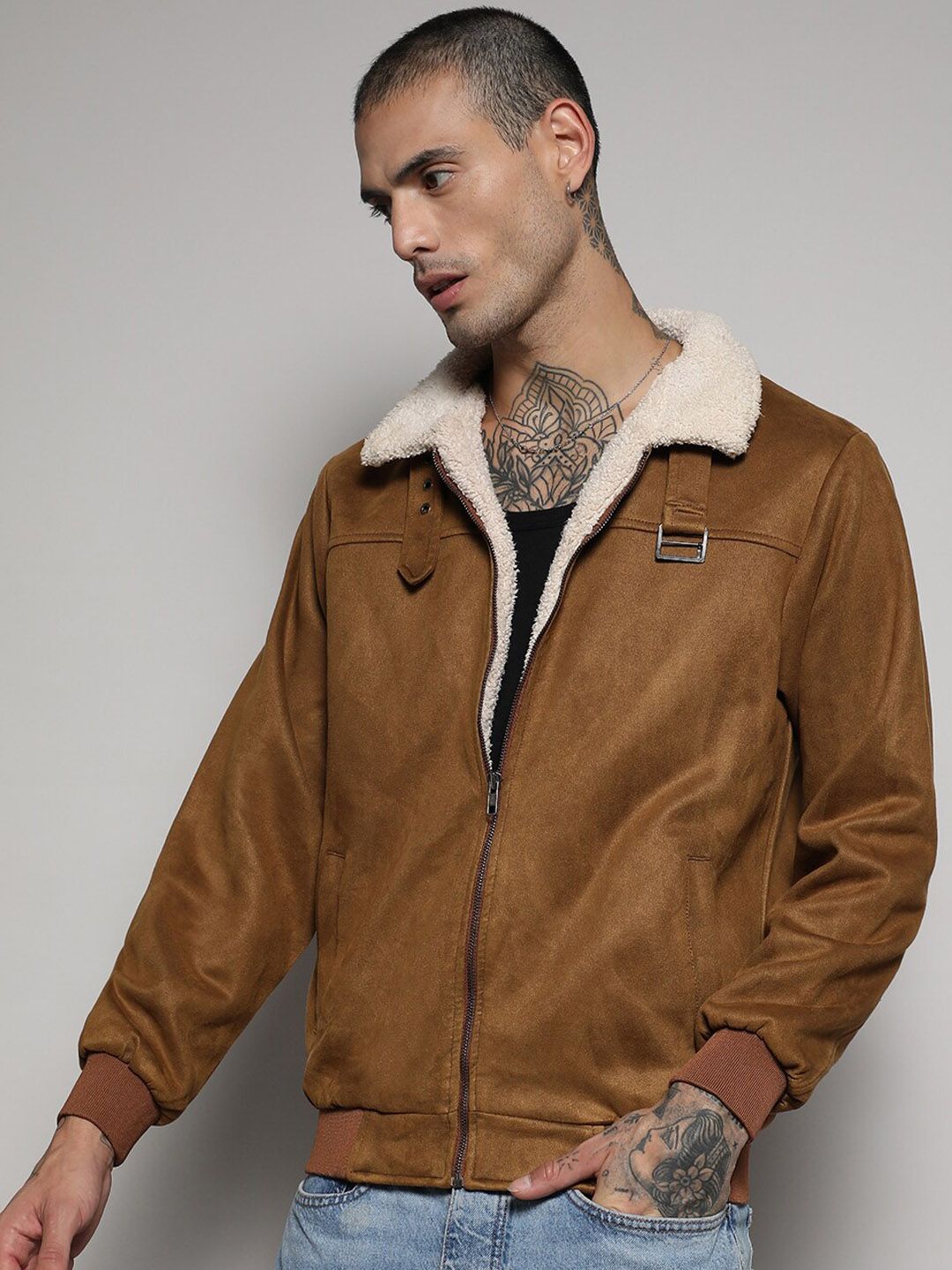 Campus Sutra Brown Suede Windcheater Bomber Jacket