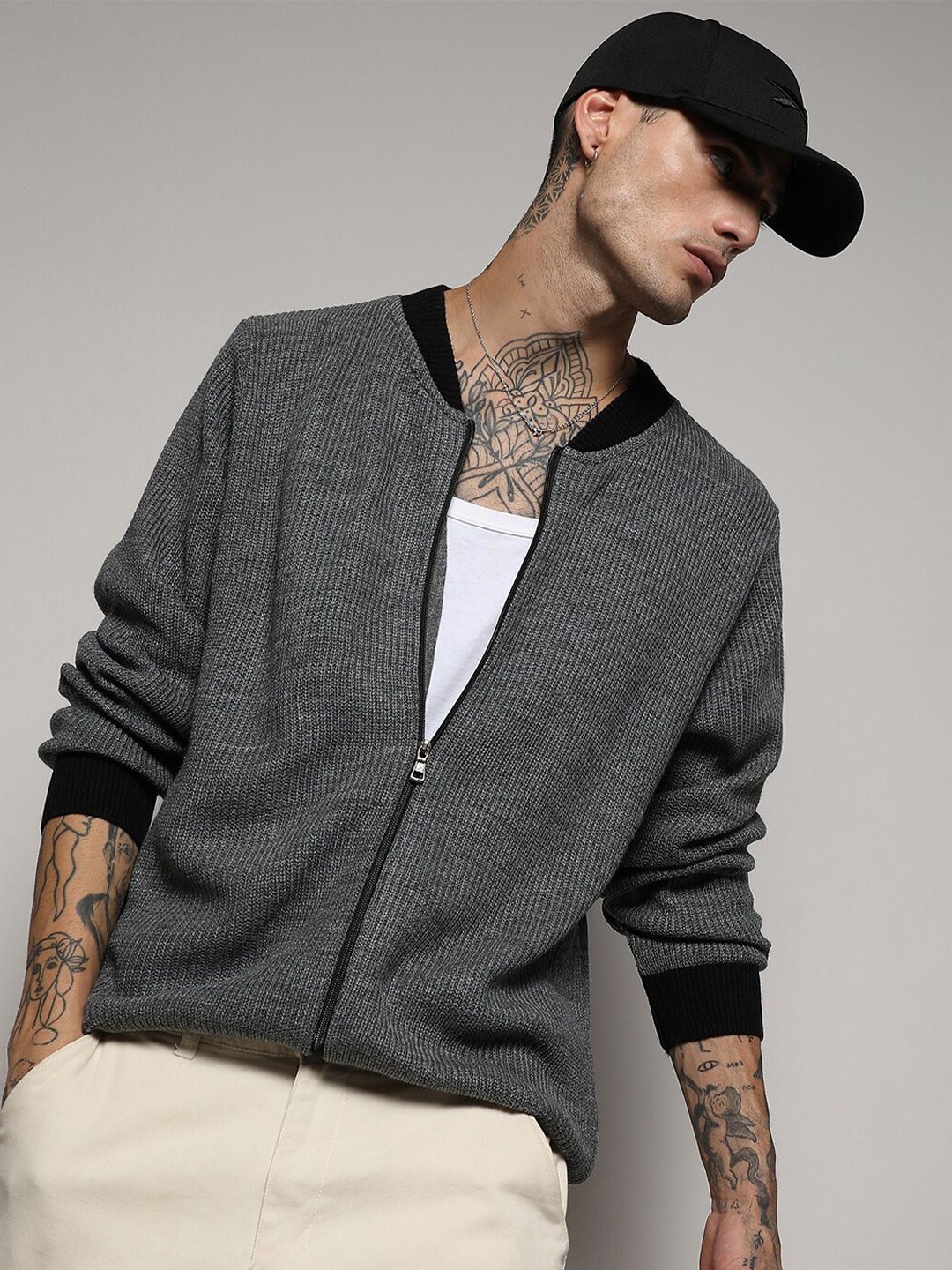CAHOOT Grey Ribbed Mock Collar Acrylic Cardigan