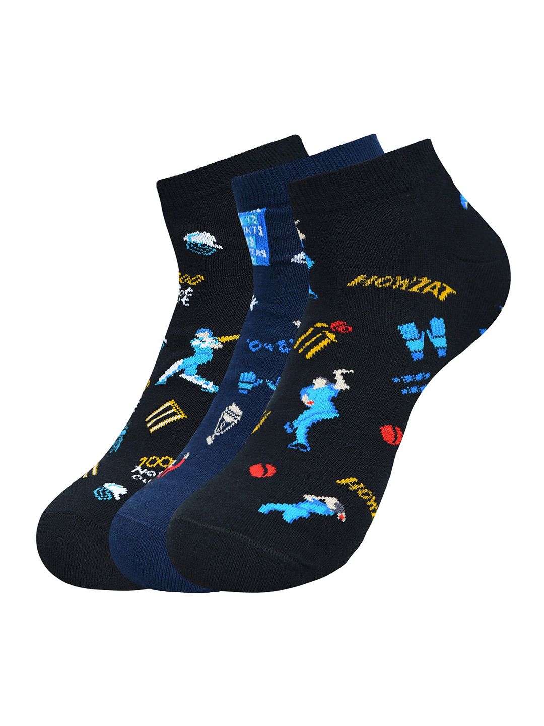 Balenzia Men Pack Of 3 Patterned Cricket Collection Cotton Ankle-Length Socks