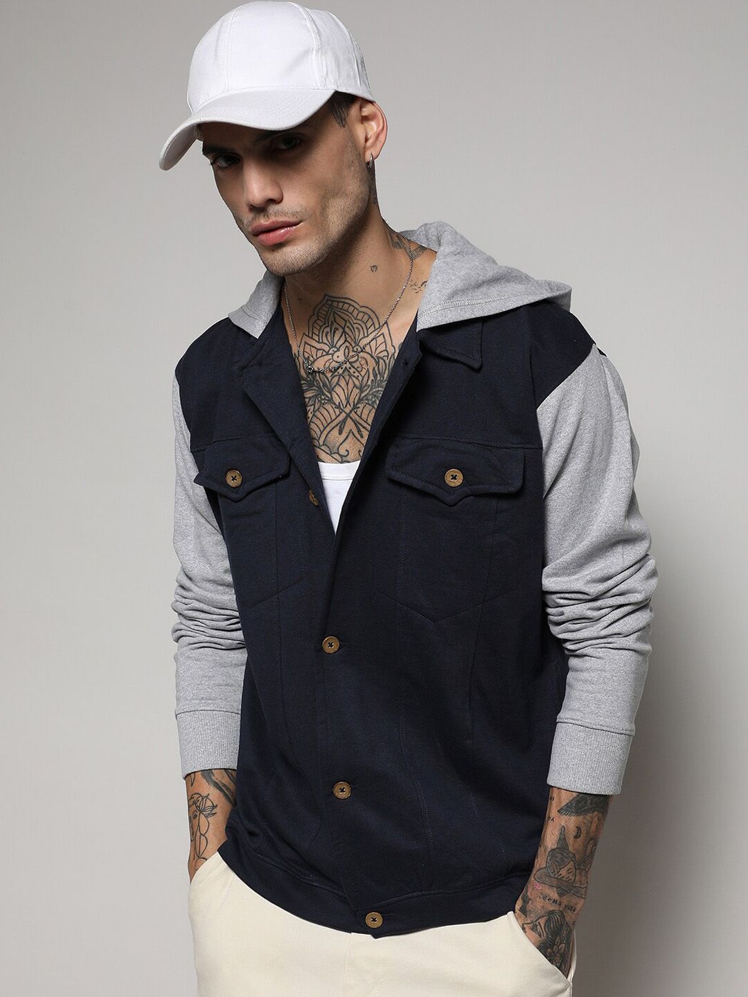 CAHOOT Campus Sutra Grey & Navy Blue Windcheater Regular Denim Jacket