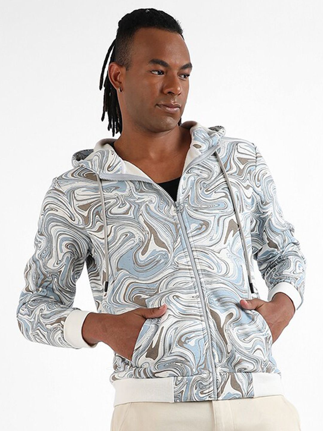 CAHOOT Campus Sutra Abstract Printed Hooded Cotton Bomber Jacket