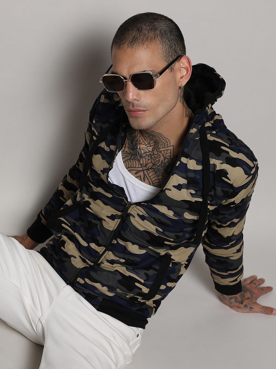 CAHOOT Campus Sutra Navy Blue & Beige Camouflage Windcheater Outdoor Bomber Jacket
