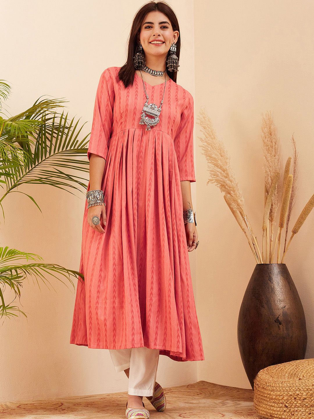 Sangria V-Neck Ikkat Printed Anarkali Kurta Price in India