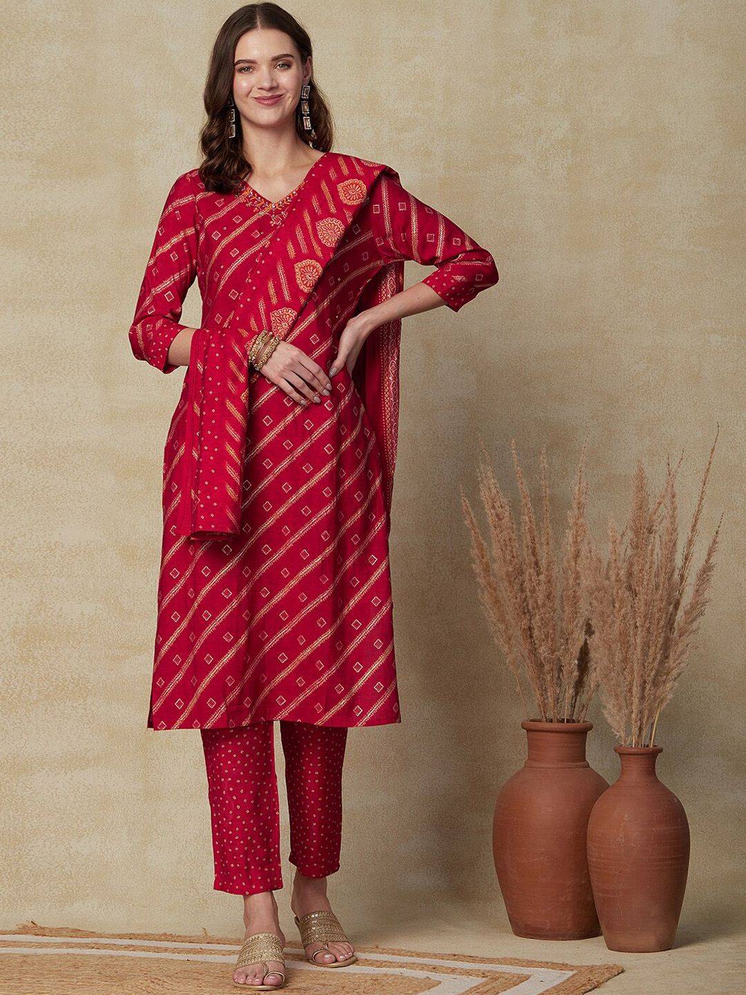 FASHOR Ethnic Motifs Printed Beads and Stones Kurta & Trousers With Dupatta Price in India