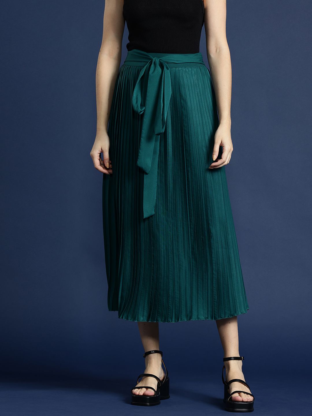 Mast & Harbour Tie-Up Detail Accordion Pleated A-Line Midi Skirt