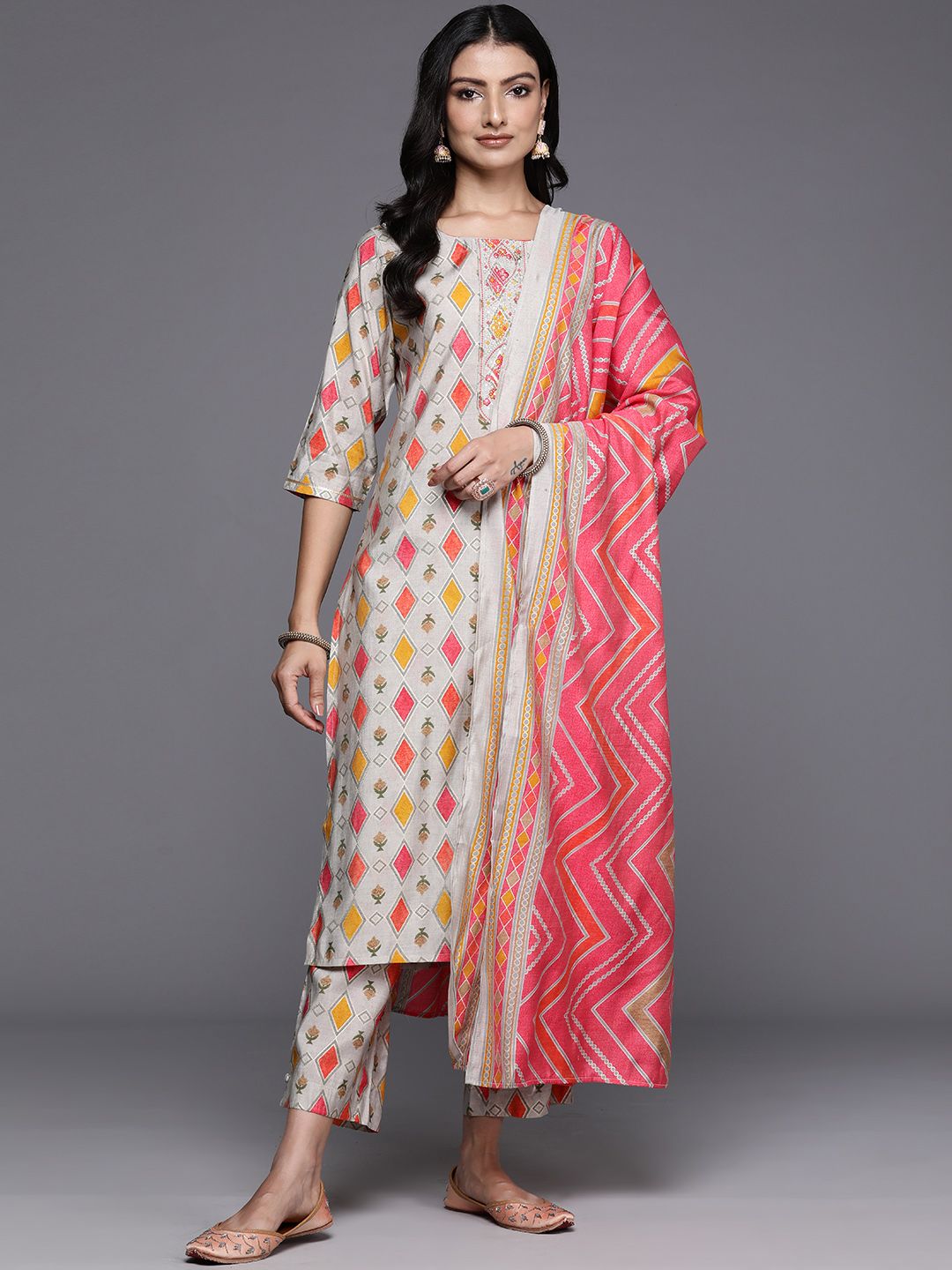 Libas Printed Regular Gotta Patti Kurta with Trousers & Dupatta Price in India