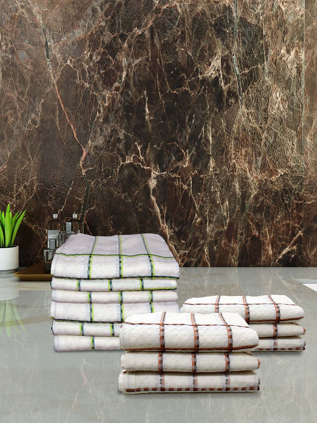 Athom Living White & Red 12 Pieces Striped Super Absorbent  210 GSM Cotton Hand Towels