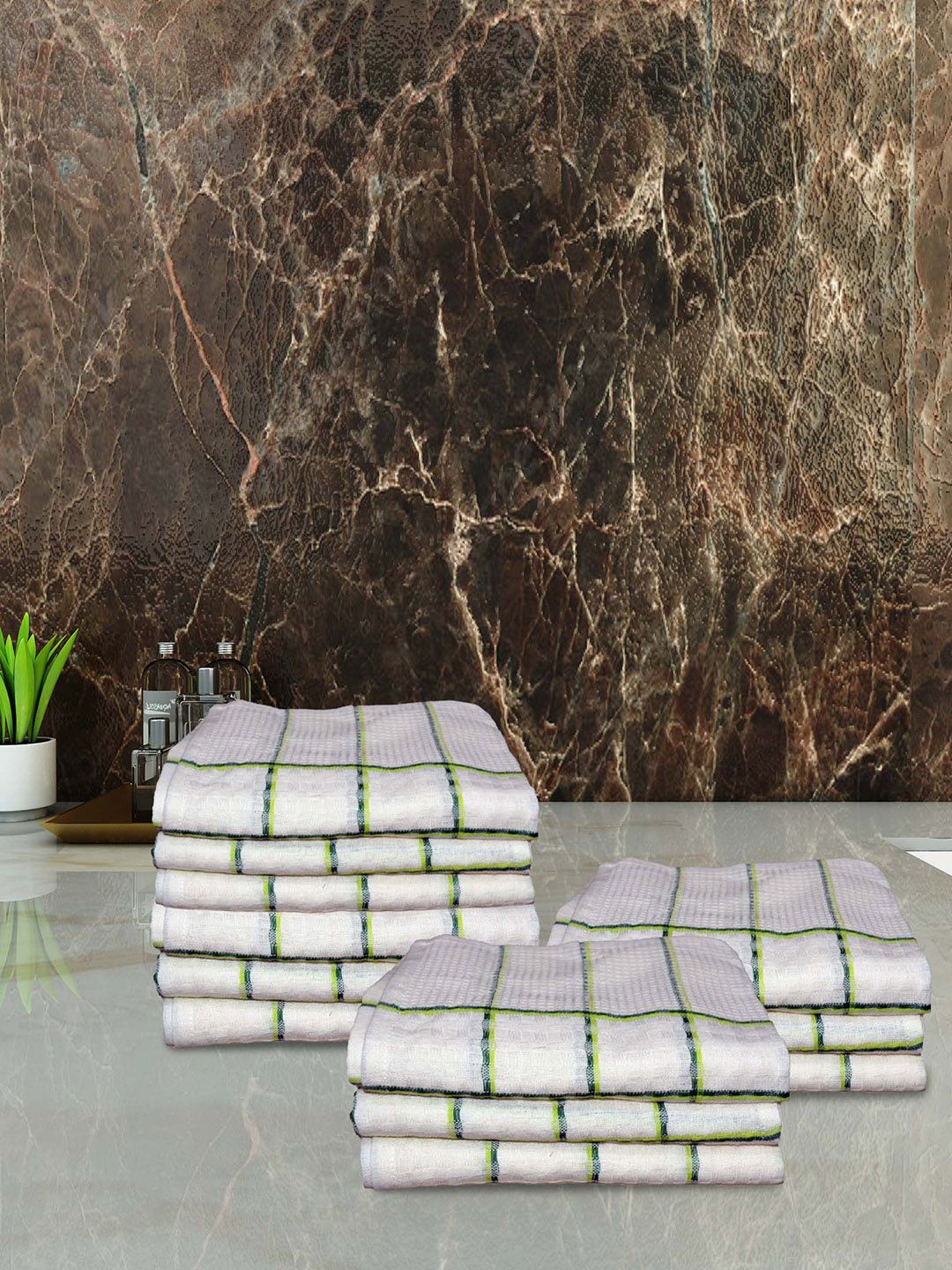 Athom Living White & Green 12 Pieces Checked Pure Cotton 210 GSM Quick Dry Hand Towels