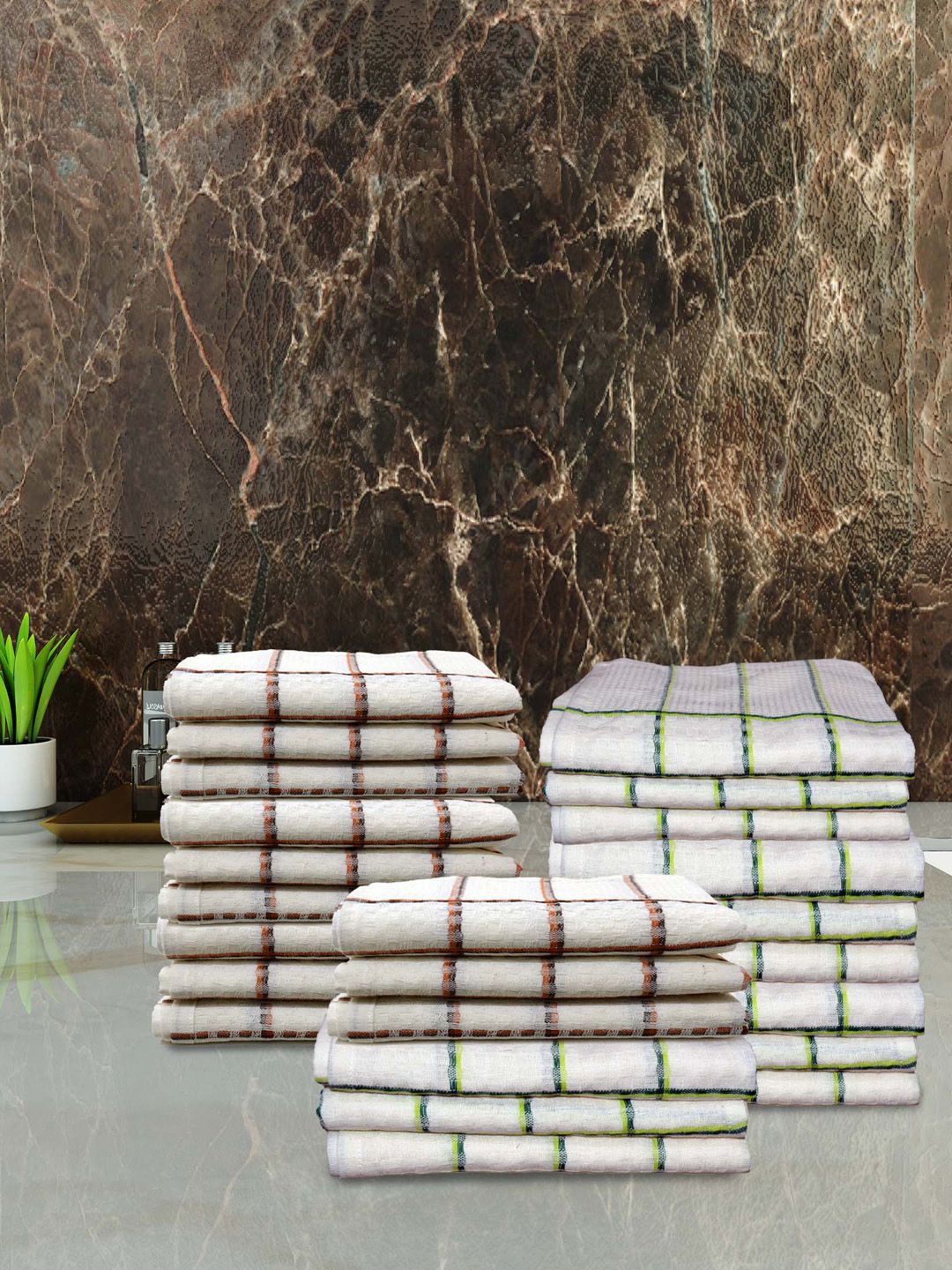 Athom Living White & Green 24-Pieces Checked 210 GSM Pure Cotton Quick Dry Hand Towels