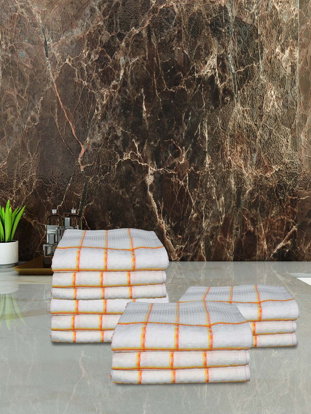 Athom Living Orange 12-Pieces Checked Cotton Absorbent Quick Dry Hand Towels