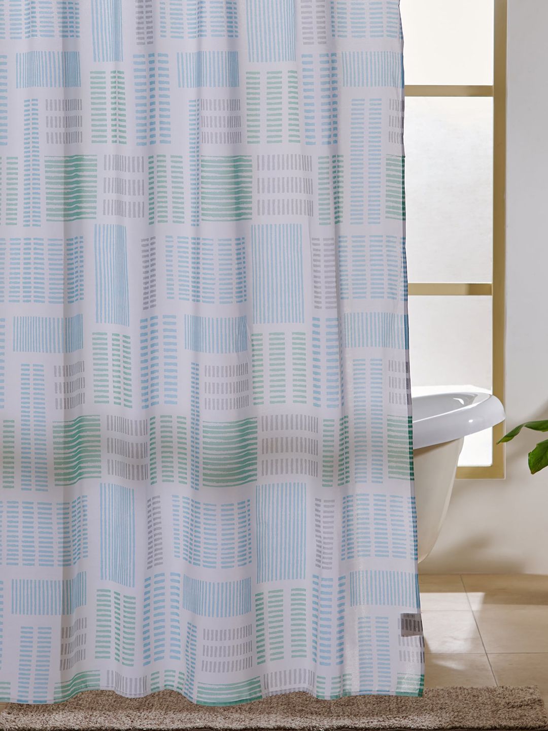 Home Centre White Printed Shower Curtain With Rings