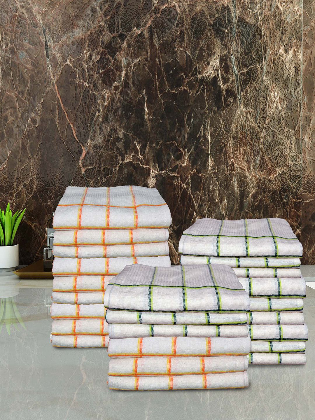 Athom Living White & Green 24 Pieces Striped 210 GSM Pure Cotton Quick Dry Hand Towels