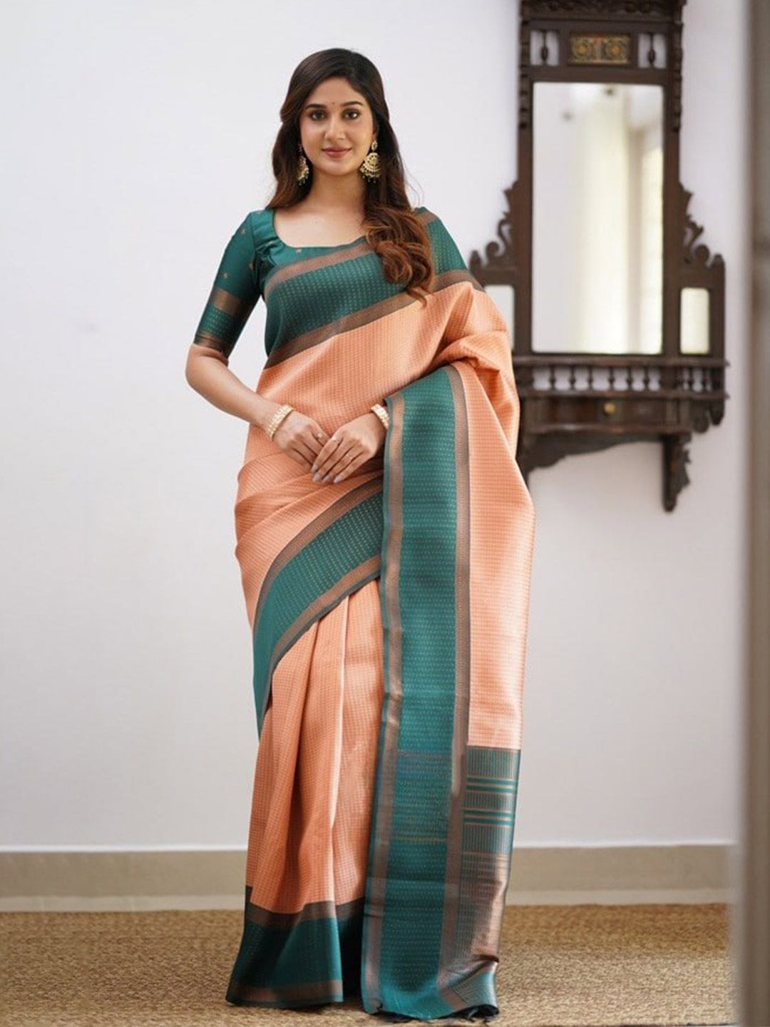 SHIJILA Peach-Coloured & Green Woven Design Zari Silk Blend Kanjeevaram Saree Price in India