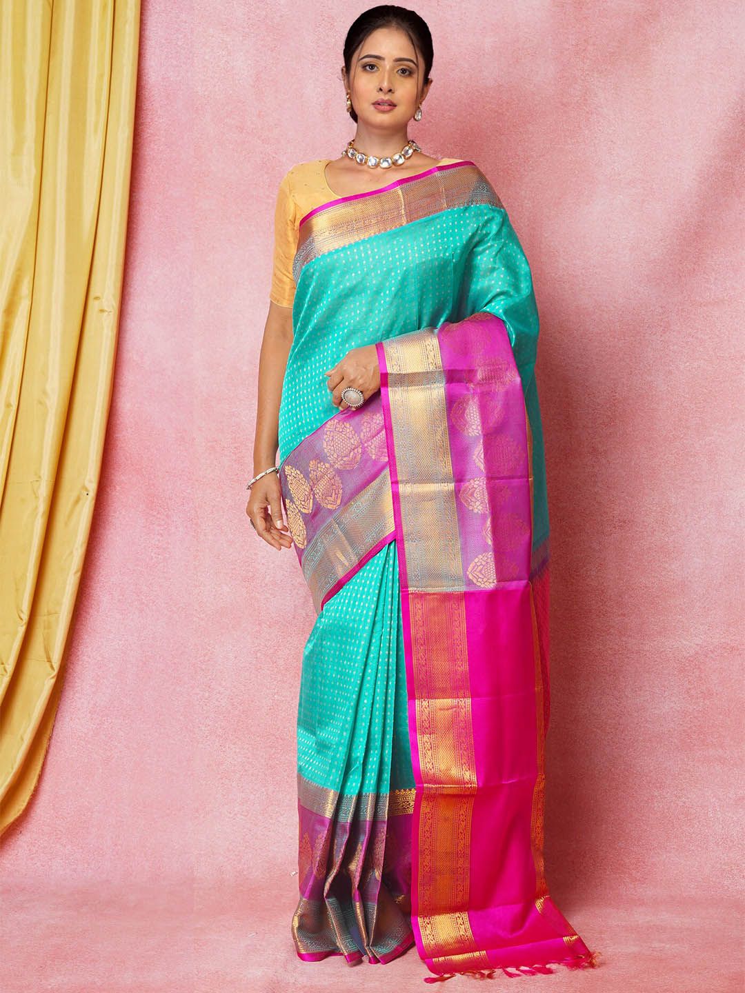 Unnati Silks Ethnic Motifs Woven Design Zari Silk Blend Kanjeevaram Saree Price in India
