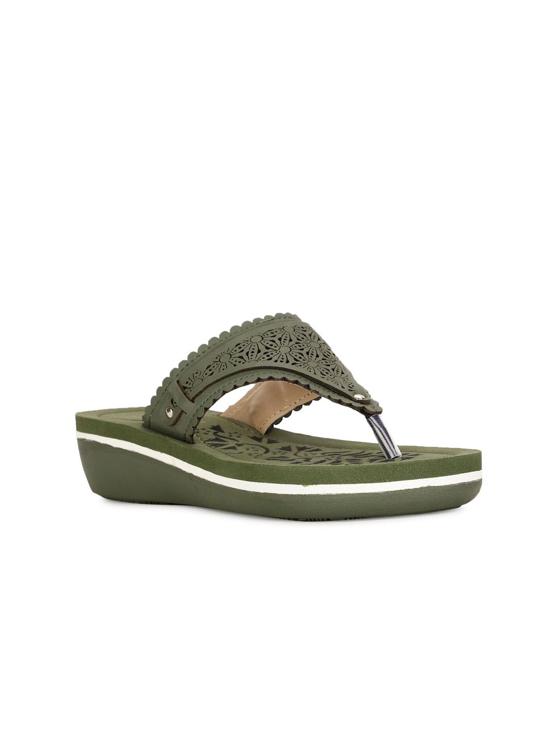 Bata Olive Green Textured Wedge Sandals with Laser Cuts