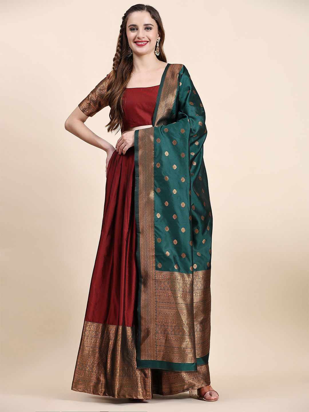 Phenav Ethnic Motifs Woven Design Zari Silk Ready to Wear Lehenga & Blouse With Dupatta Price in India