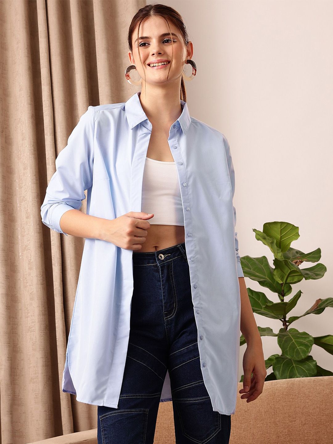 STREET 9 Blue Comfort Spread Collar Cotton Longline Oversized Casual Shirt