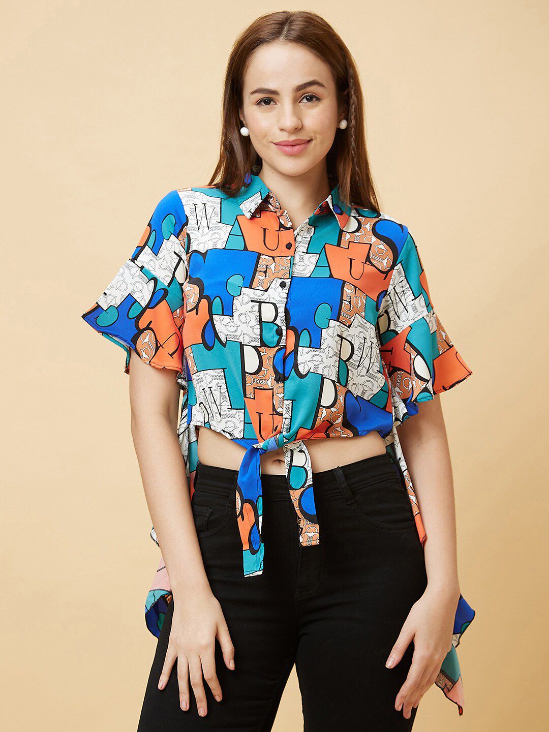 Globus Blue Abstract Printed Waist Tie-Ups Shirt Style Top Price in India